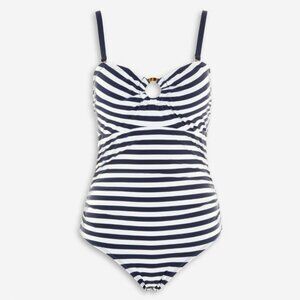 Simon Chang Solutions One-Piece Swimsuit Blue White Stripe High Back Size 16